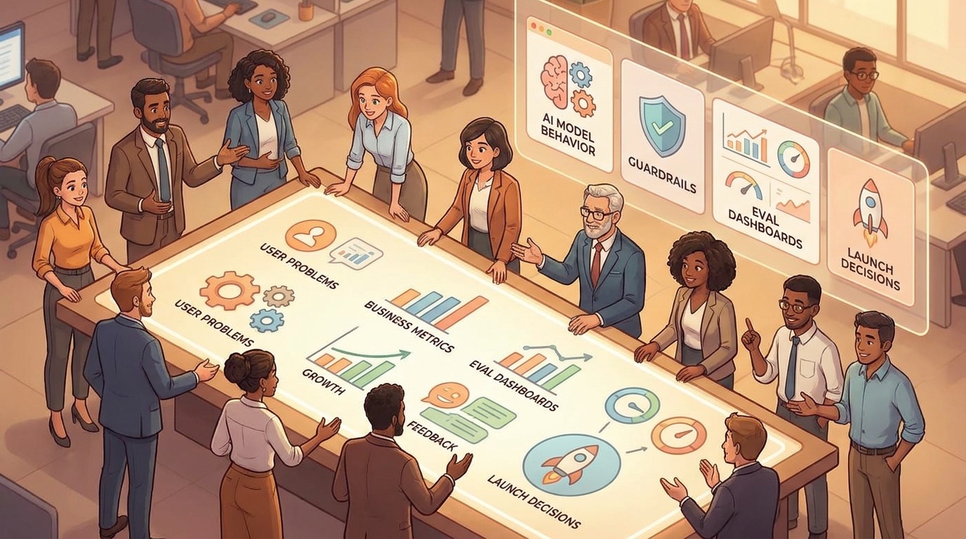 Cartoon product team mapping user problems to AI models, guardrails, evaluation dashboards, and launch decisions