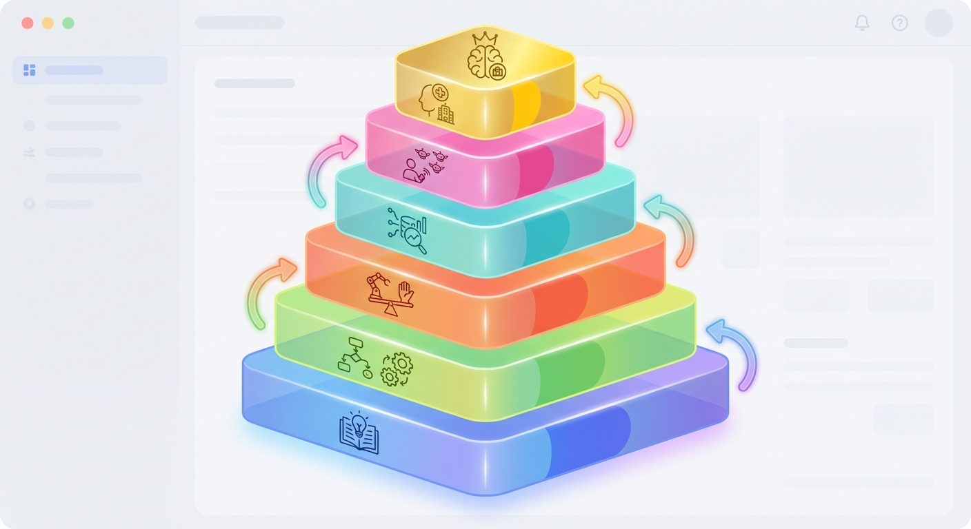 Layered AI skills roadmap diagram showing AI literacy, workflow design, automation judgment, data fluency, agent supervision, and domain expertise