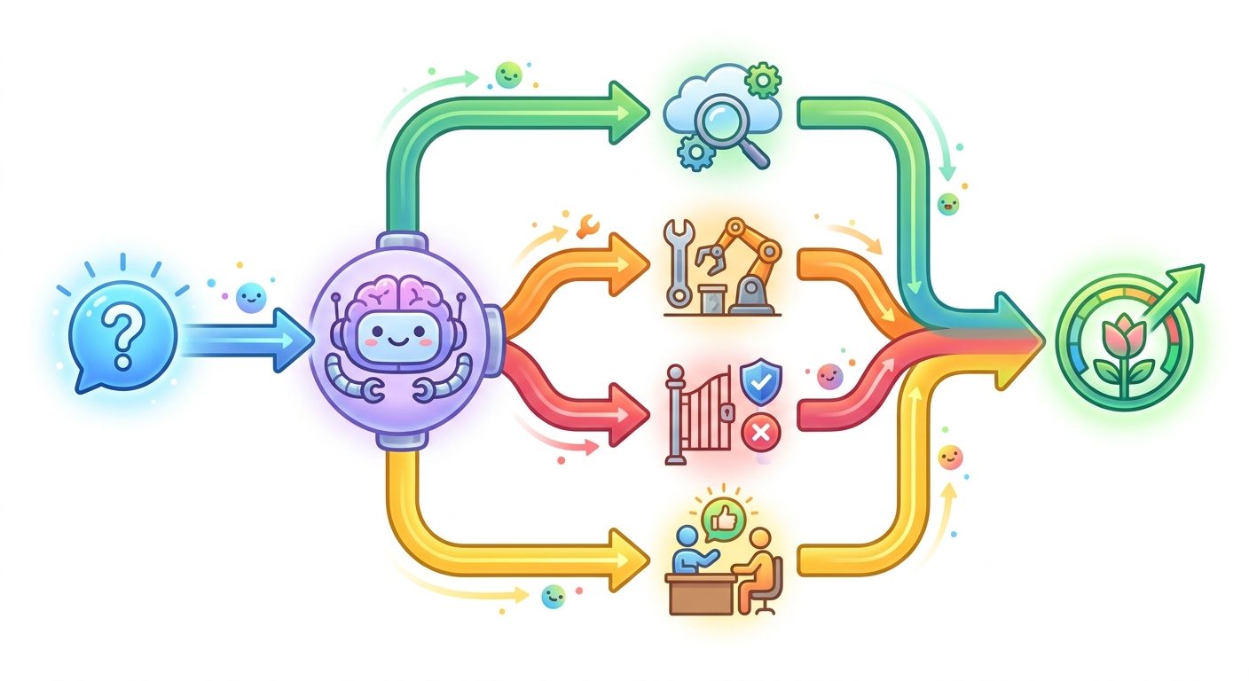 Flow diagram showing an enterprise AI agent moving from request to tools to policy check to human approval