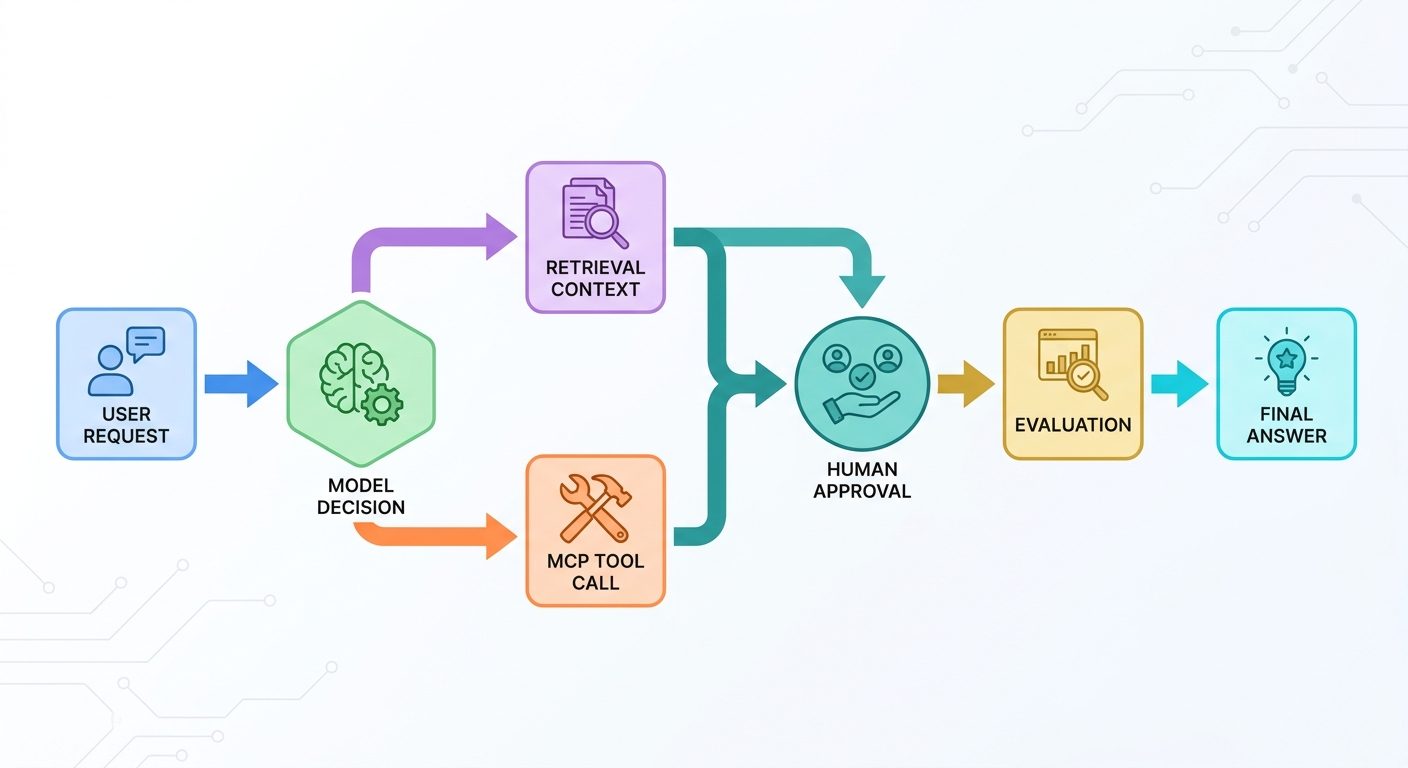Flow diagram showing an AI agent run trace from user request to model decision, retrieval, tool call, approval, evaluation, and final answer