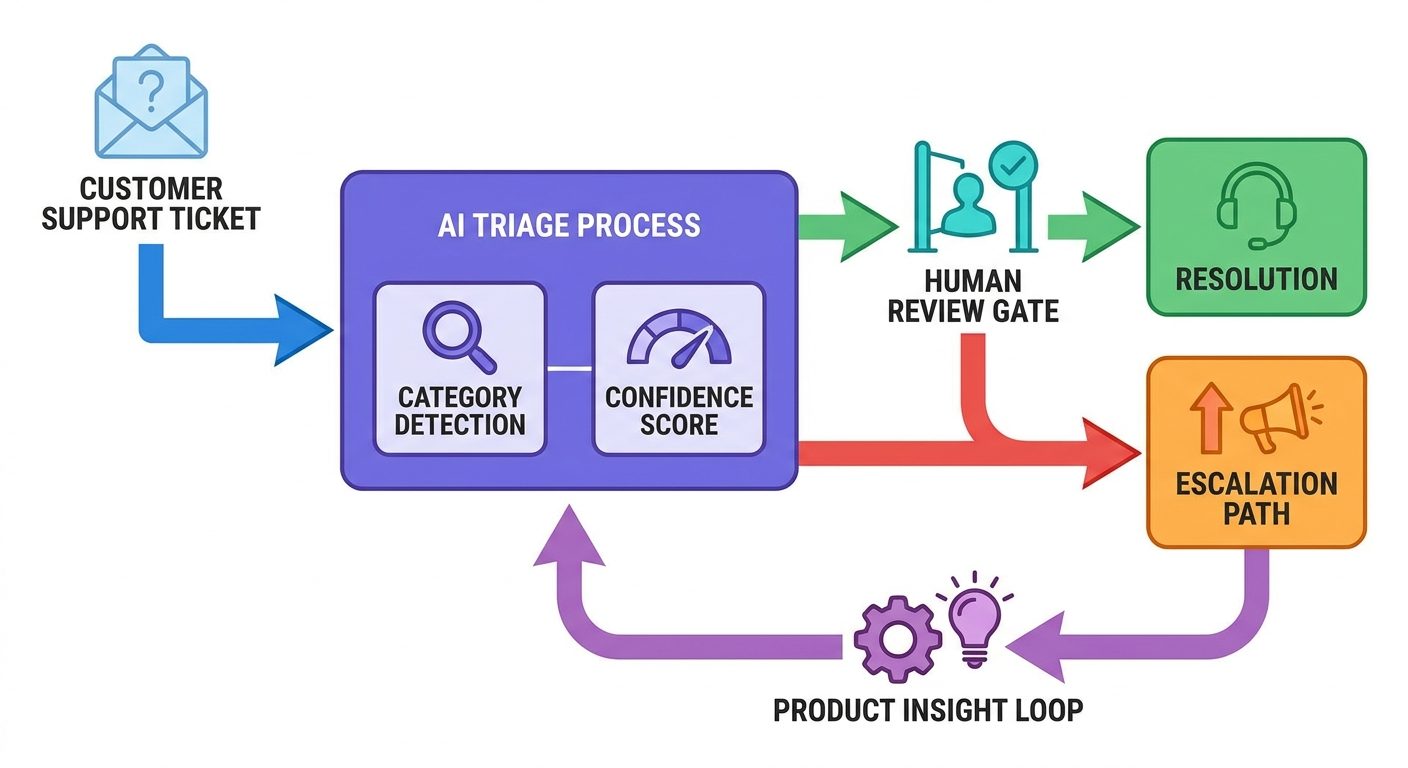 Colorful workflow diagram showing a support ticket moving through AI triage, human review, escalation, and product insight loops