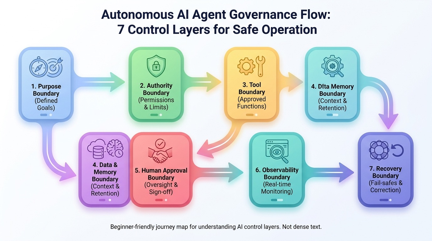 Colorful flow diagram showing seven control layers for autonomous AI agent governance