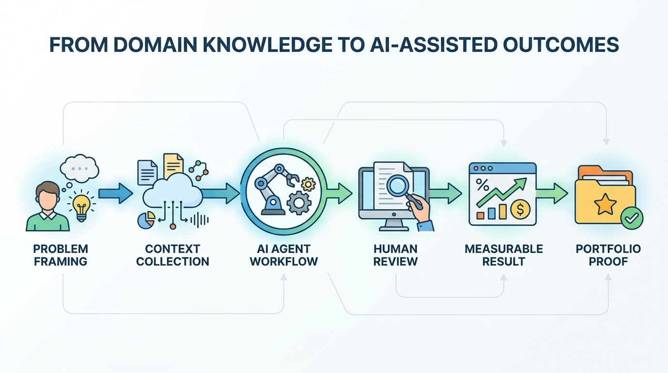 Flow diagram showing problem framing, context collection, AI agent workflow, human review, measurable result, and portfolio proof