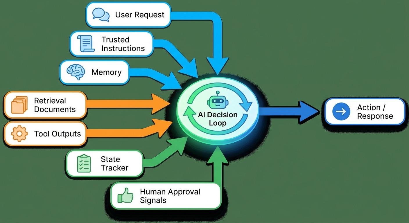 Colorful flow diagram showing AI agent context as user request, instructions, memory, retrieval, tool results, state, and approval signals feeding into one decision loop