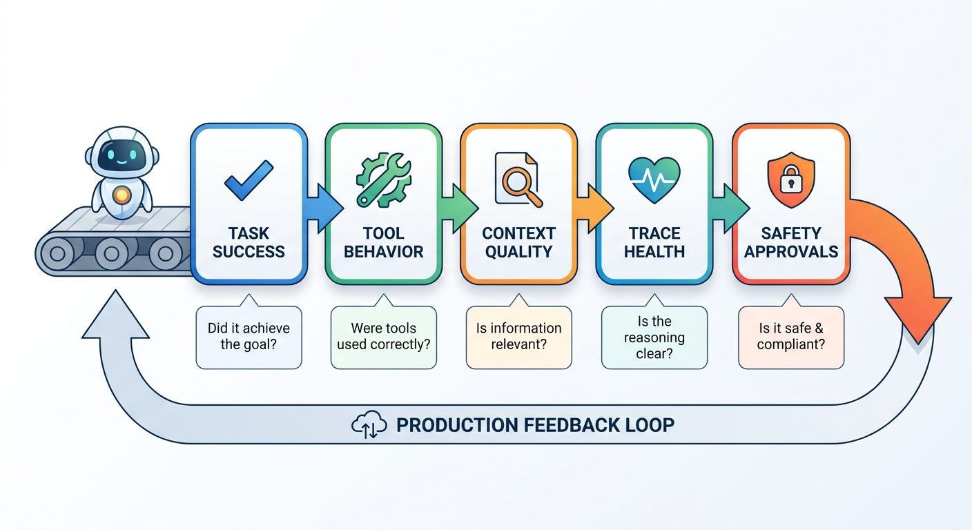 Flow diagram showing the five layers of an AI agent evaluation framework from task success to production feedback