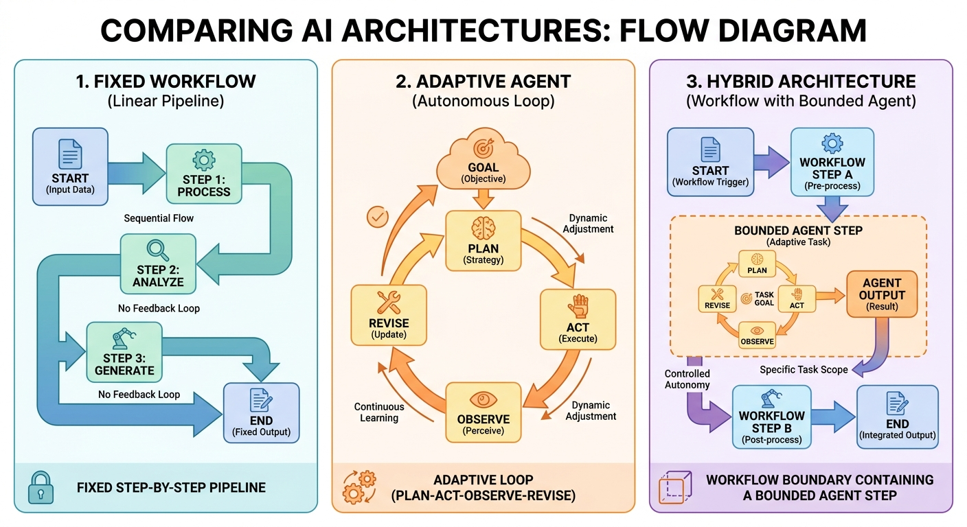 Clean comparison diagram showing an AI workflow as a fixed route, an AI agent as an adaptive route, and a hybrid as bounded autonomy