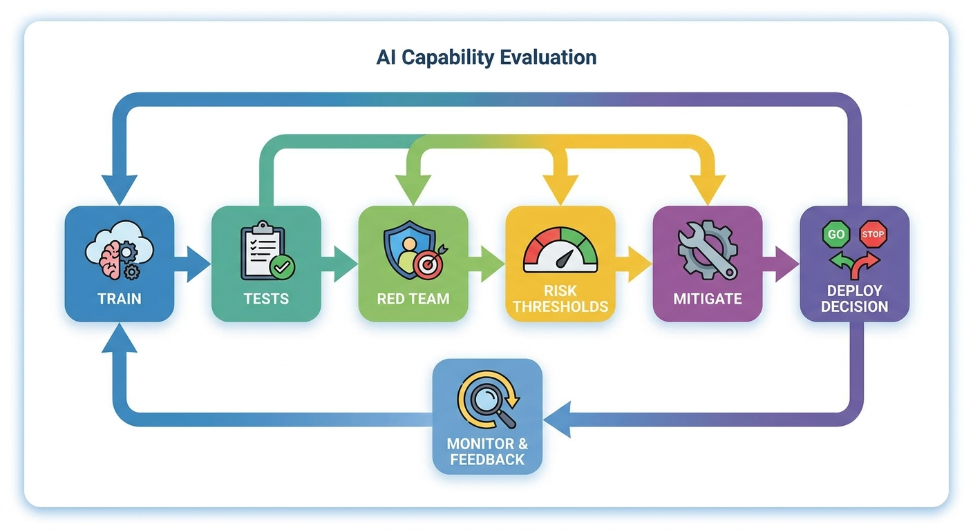 Flow diagram showing the AI capability evaluation pipeline from internal tests to red teaming, risk thresholds, deployment decision, and monitoring
