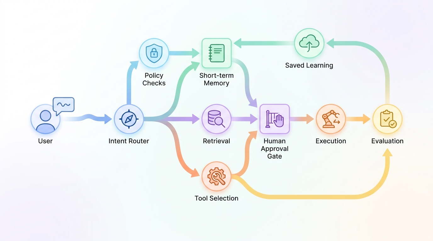 Flow diagram showing user request through routing memory retrieval tool selection approval execution evaluation and saved learning