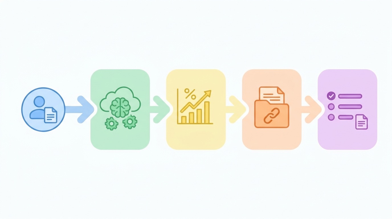 Flow diagram showing how a work task becomes an AI-assisted workflow, measurable outcome, portfolio proof, and resume bullet