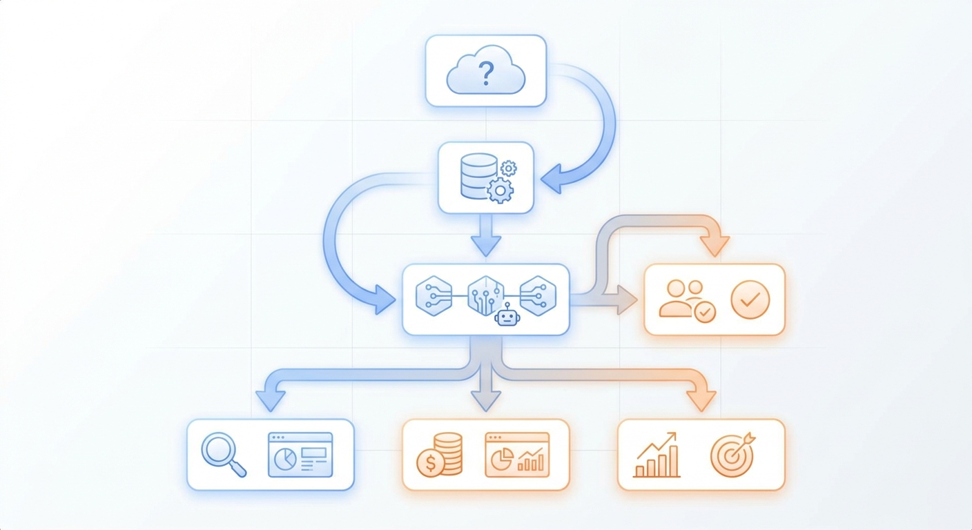 Enterprise AI ROI stack showing business problem, data readiness, agent workflow, human approval, observability, cost tracking, and outcome metrics