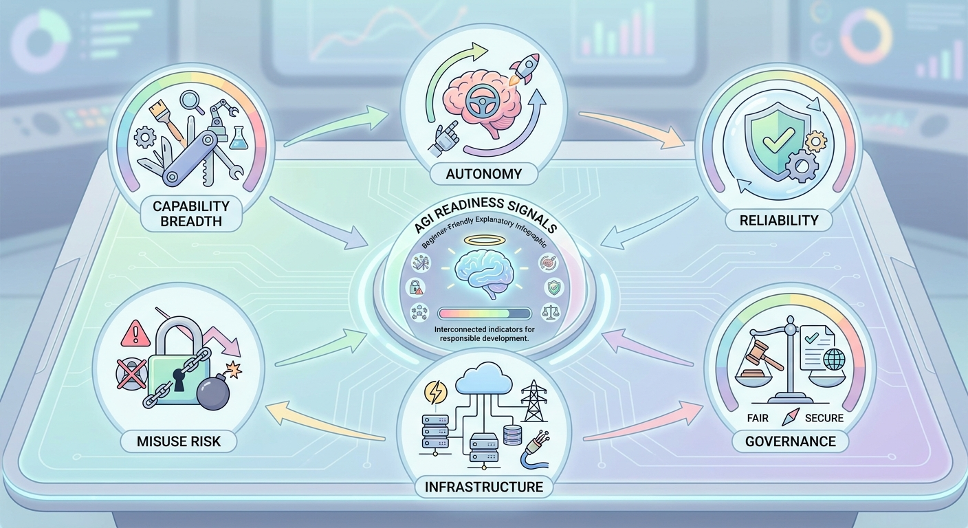 Colorful AGI readiness scorecard showing capability, autonomy, reliability, misuse risk, infrastructure, and governance signals as separate dashboard gauges