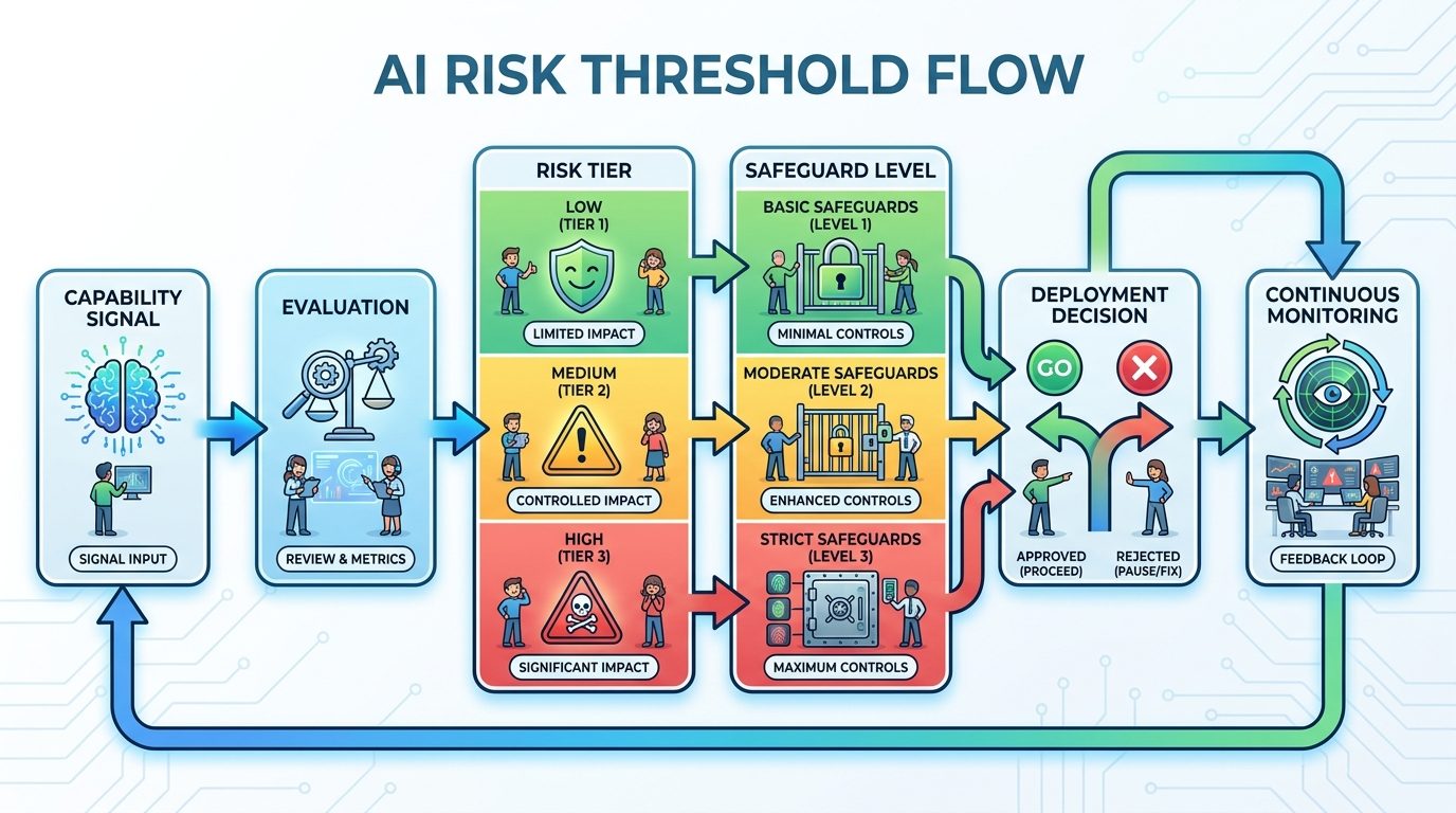 Flow diagram showing AI risk thresholds from capability signal to evaluation, risk tier, safeguard level, deployment decision, and continuous monitoring