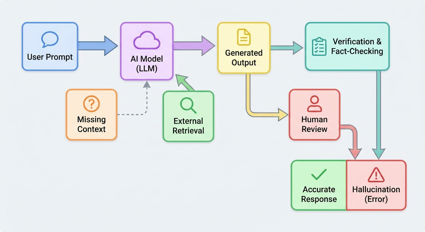Flow diagram showing prompt, model, missing context, retrieval, verification, and human review as causes and controls for AI hallucinations