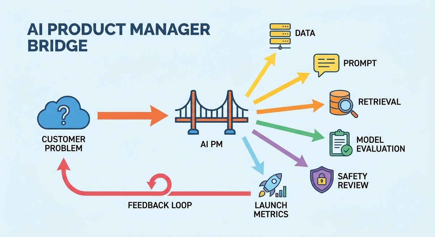 Flow diagram showing AI product manager responsibilities from user problem to data, retrieval, model behavior, evaluation, safety review, launch metrics, and feedback loop