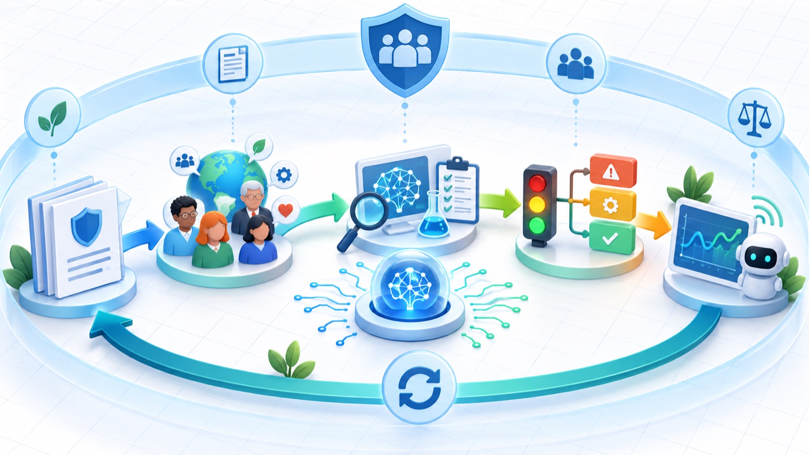 AI governance workflow connecting stakeholders, testing, decision gates, and monitoring