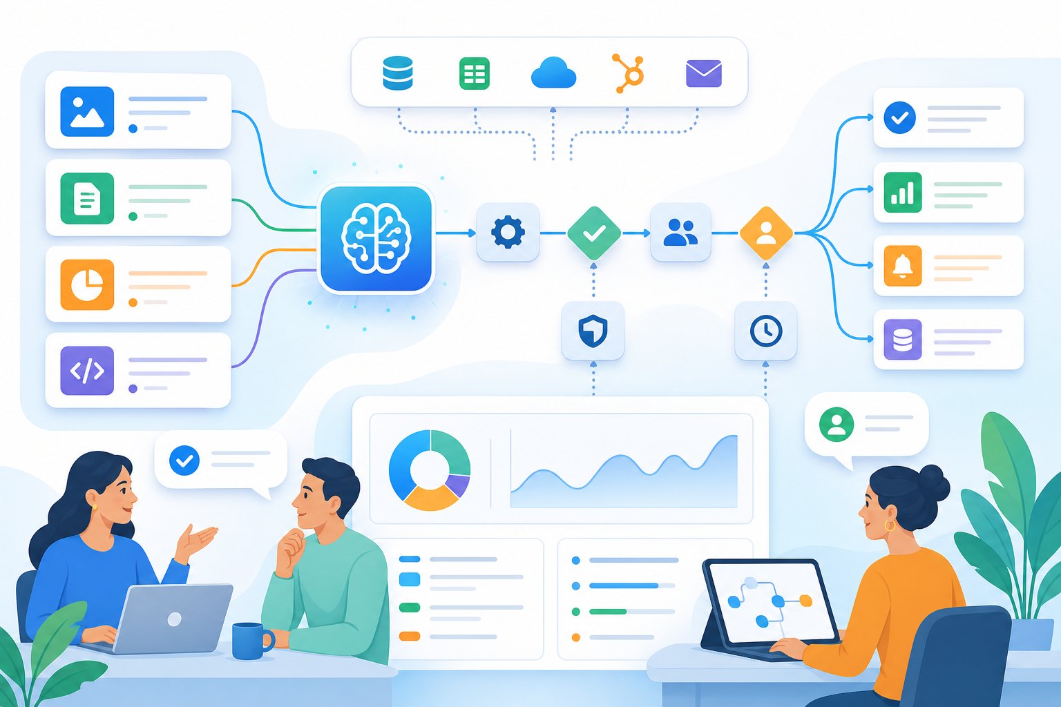 Bright AI automation portfolio visual with project cards integrations approval gates and workflow data paths