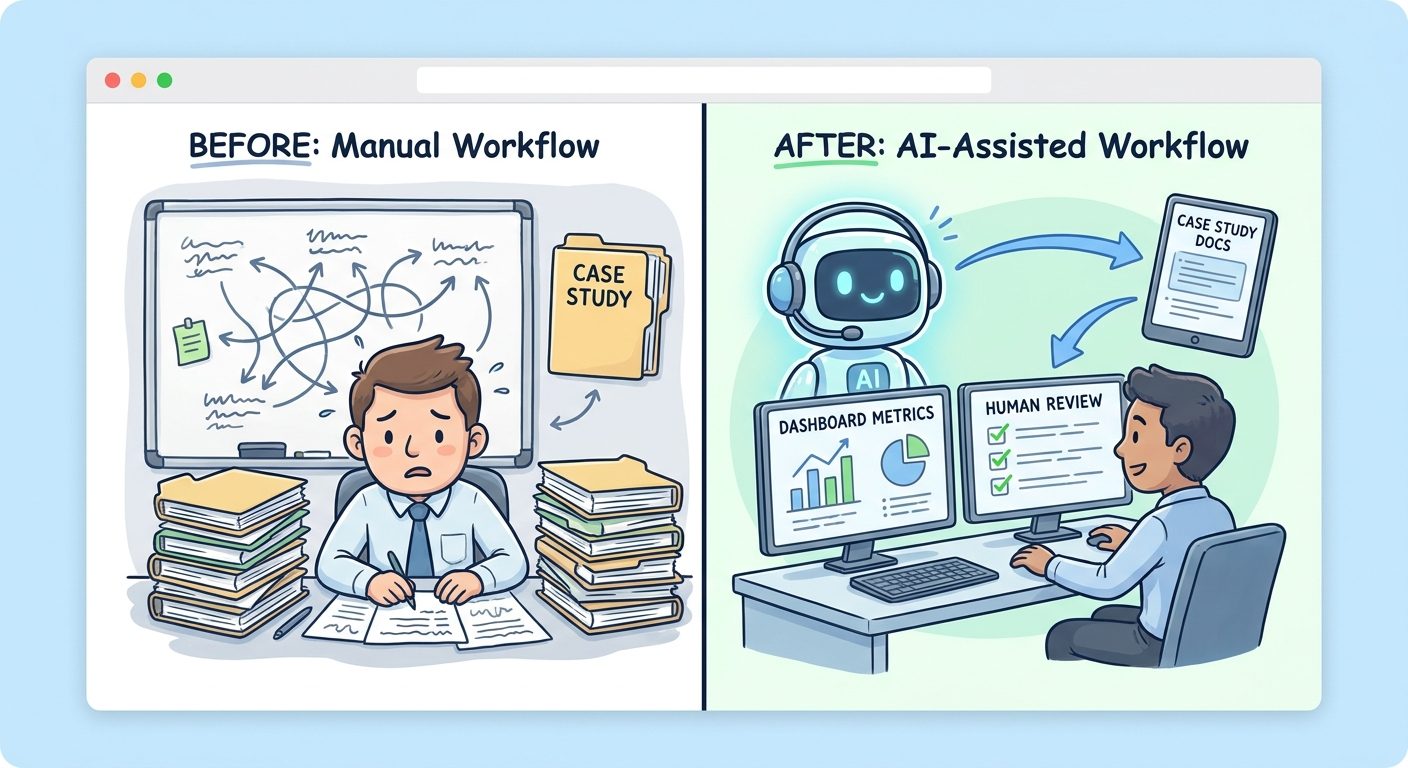 Portfolio project visual showing before and after AI workflow case study, dashboard metrics, and human review checkpoint