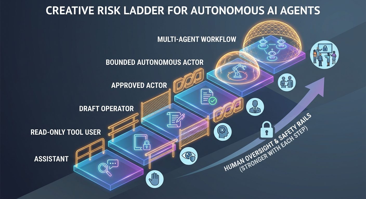 Risk ladder showing AI agent autonomy levels from assistant to bounded autonomous actor with increasing safeguards