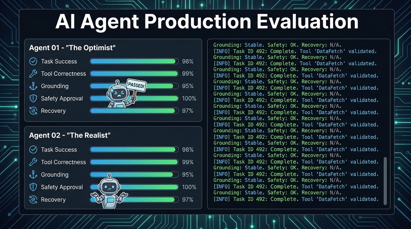 Checklist style dashboard for evaluating production AI agents across task success, tool correctness, grounding, safety, and recovery