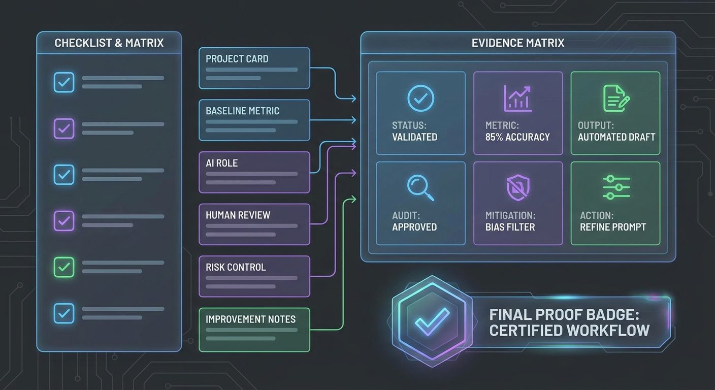 Professional checklist illustration showing AI workflow portfolio evidence, metrics, risk controls, human review, and improvement notes