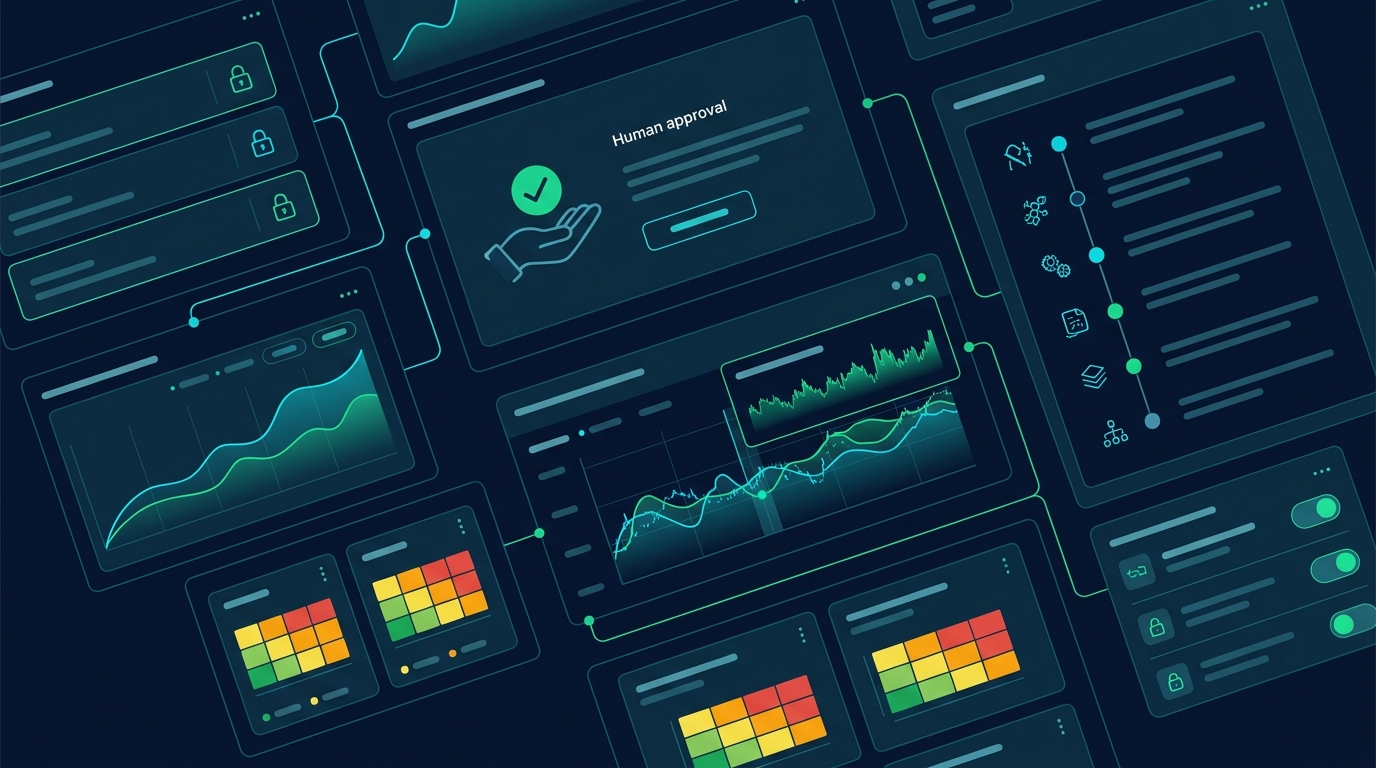 Clean SaaS-style governance dashboard showing enterprise AI agent risk controls, approval gates, metrics, and audit trails