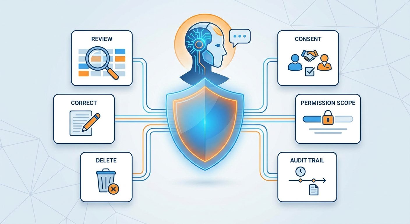 Clean SaaS-style AI memory safety dashboard with remember, retrieve, review, correct, delete, and audit controls