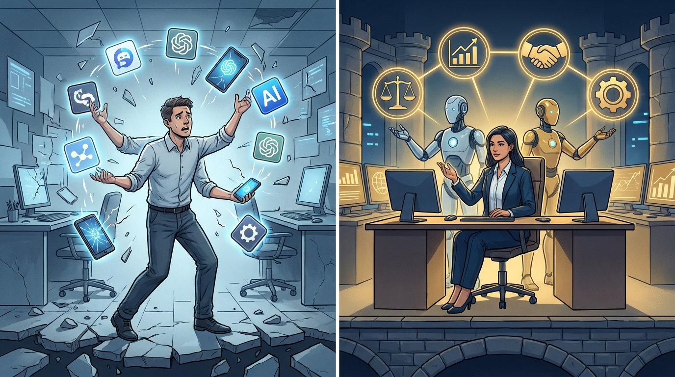 Split-screen comparison of fragile AI tool chasing versus a durable AI career moat built on judgment and workflow design
