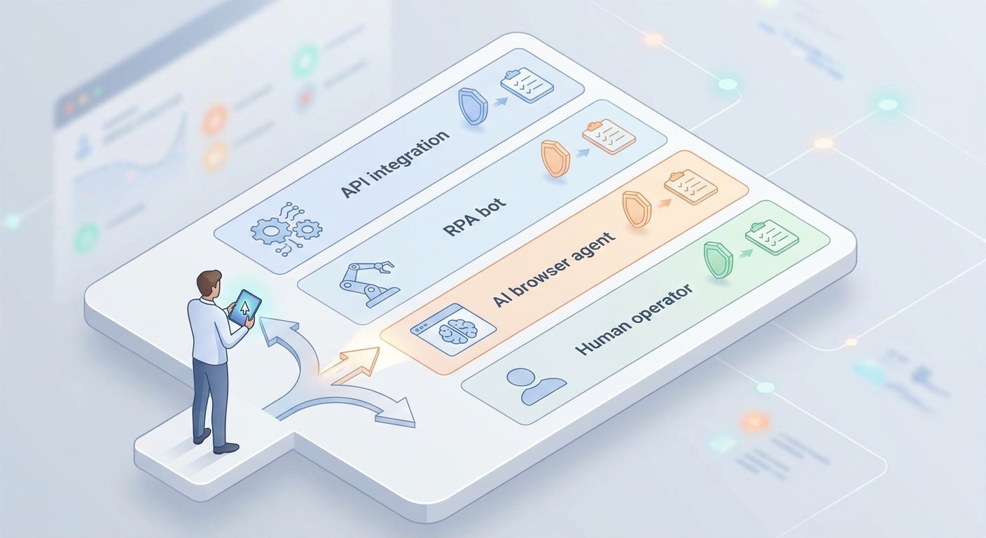 Decision matrix comparing APIs, RPA, AI browser agents, and human operators for enterprise web workflows