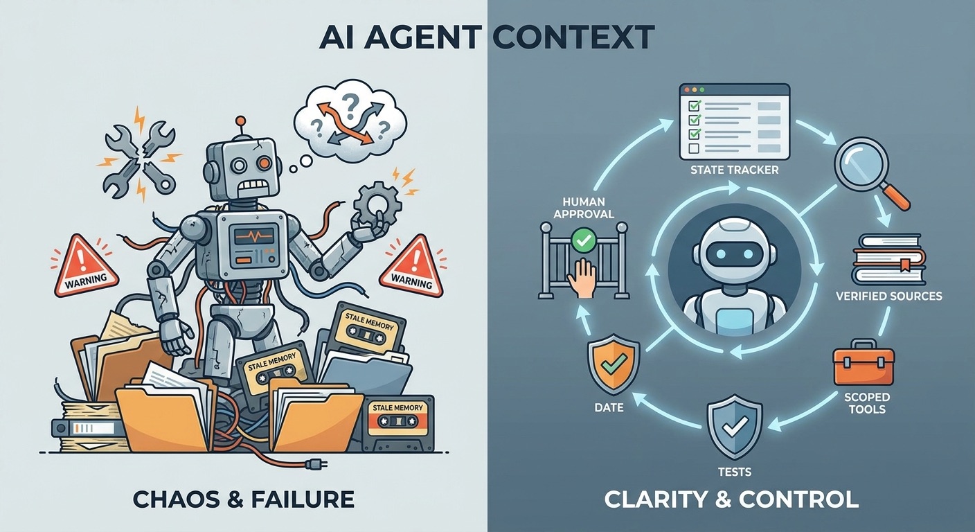 Split-screen illustration comparing a messy AI agent loop with noisy context against a clean agent loop with state tracking, tool outputs, tests, and human approval gates