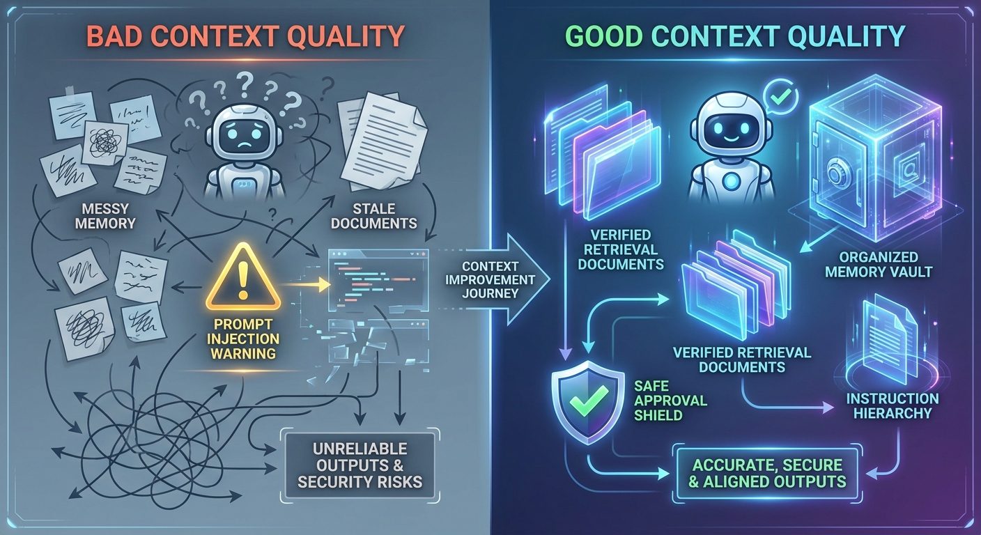Split-screen infographic comparing bad and good AI agent context quality across memory, retrieval, instructions, and untrusted content