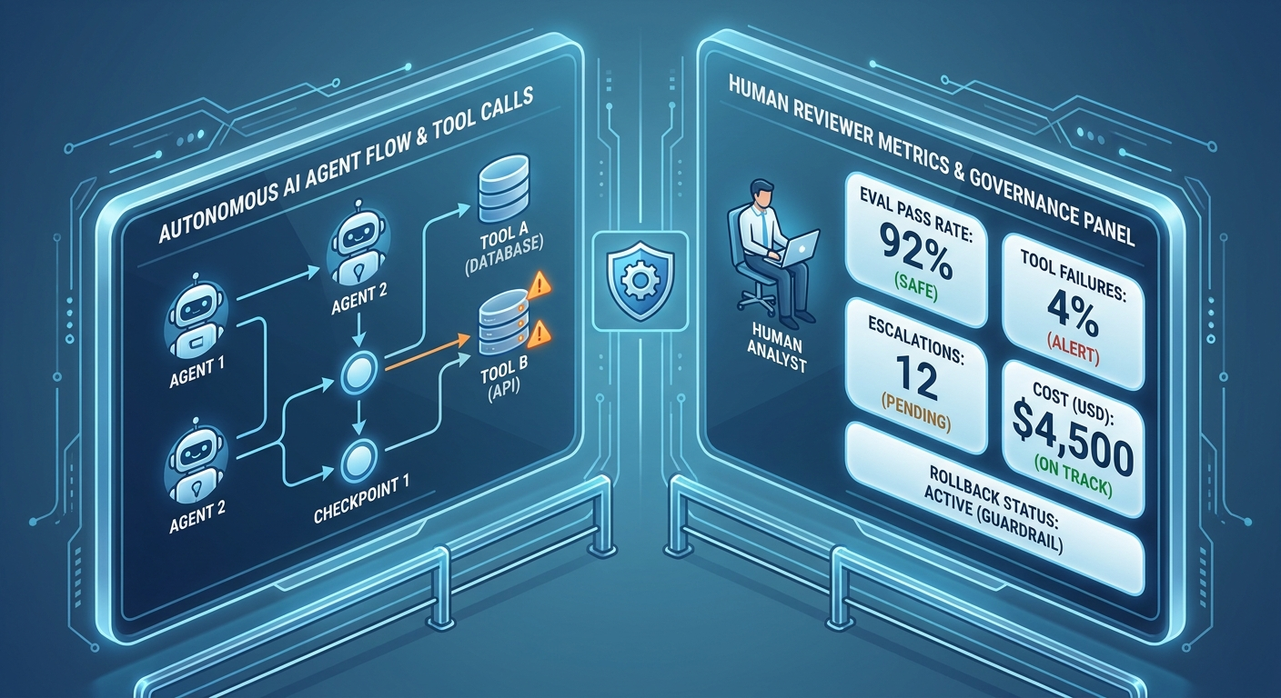 Enterprise AI agent governance dashboard with evaluation pass rate, tool failures, escalations, cost, rollback, and human review metrics
