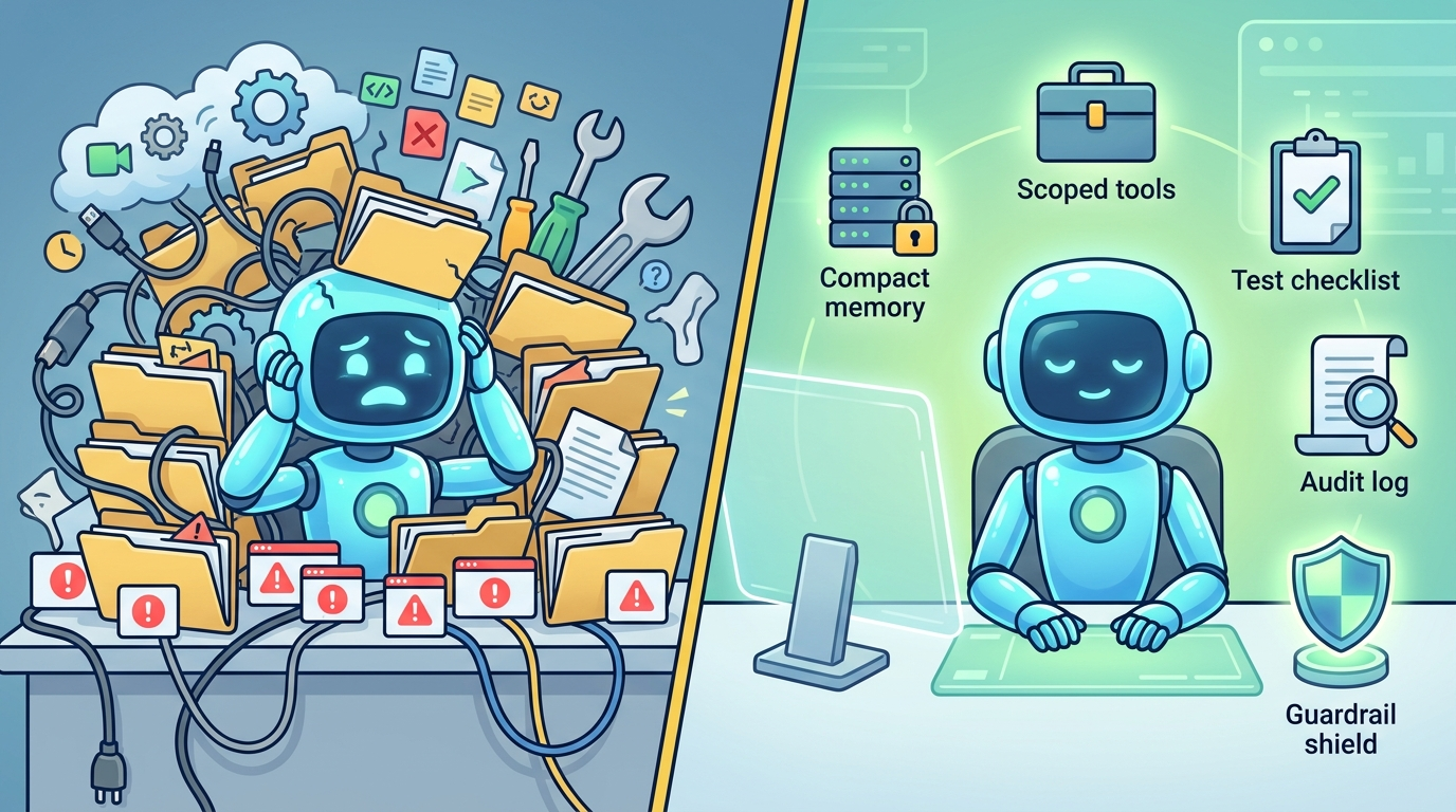 Split screen of overloaded messy AI agent versus well designed agent workspace with scoped memory tools audit log and guardrail shield