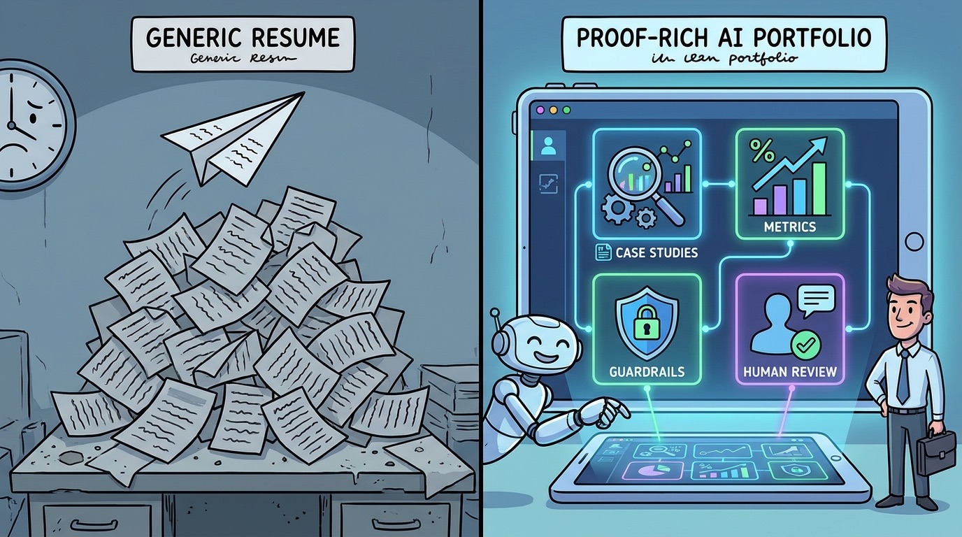 Split-screen comparison of a generic AI resume and a proof-rich AI career portfolio with metrics and review checkpoints