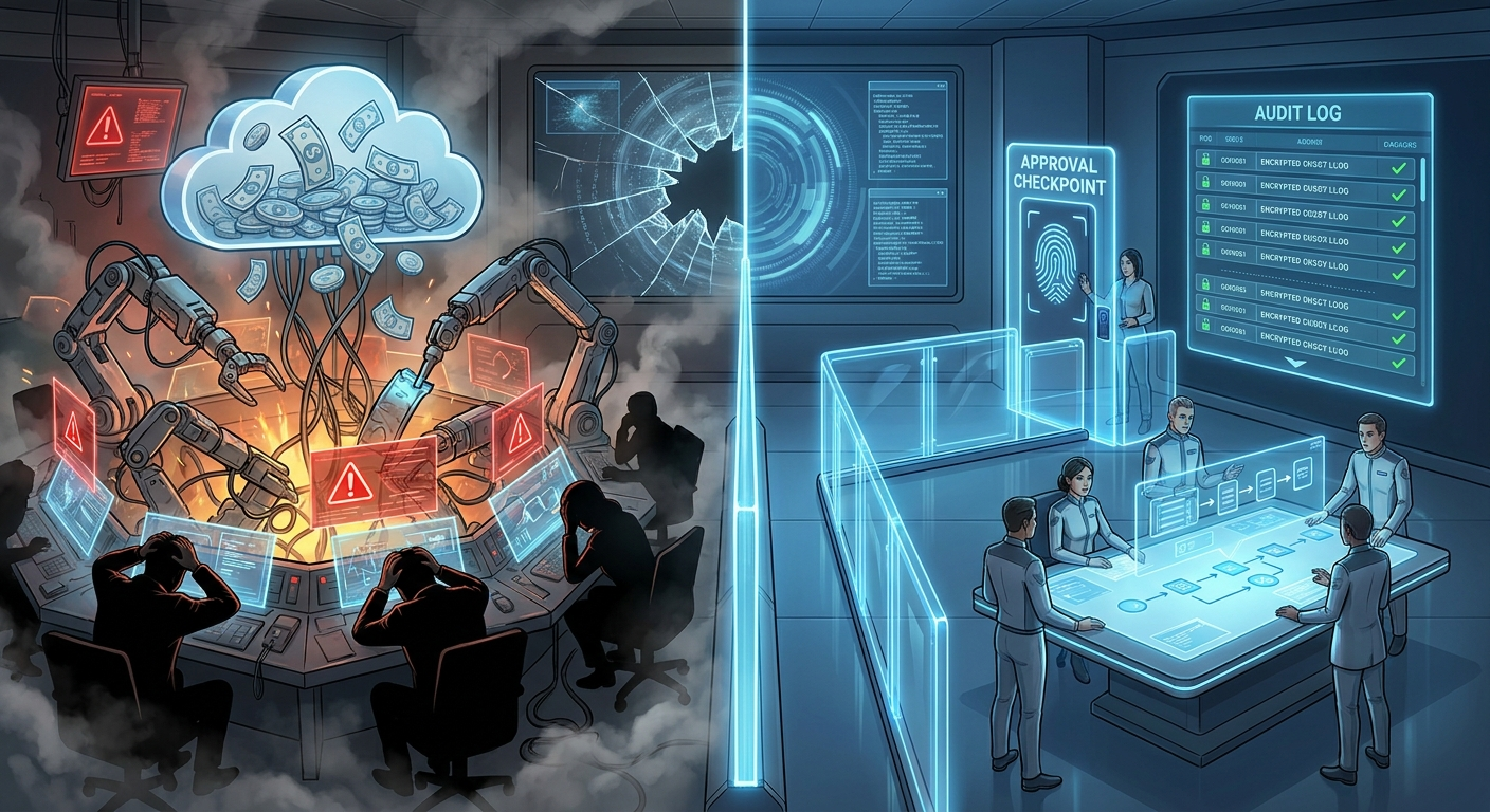 Split-screen illustration comparing chaotic AI agent pilots with governed production AI agent workflows