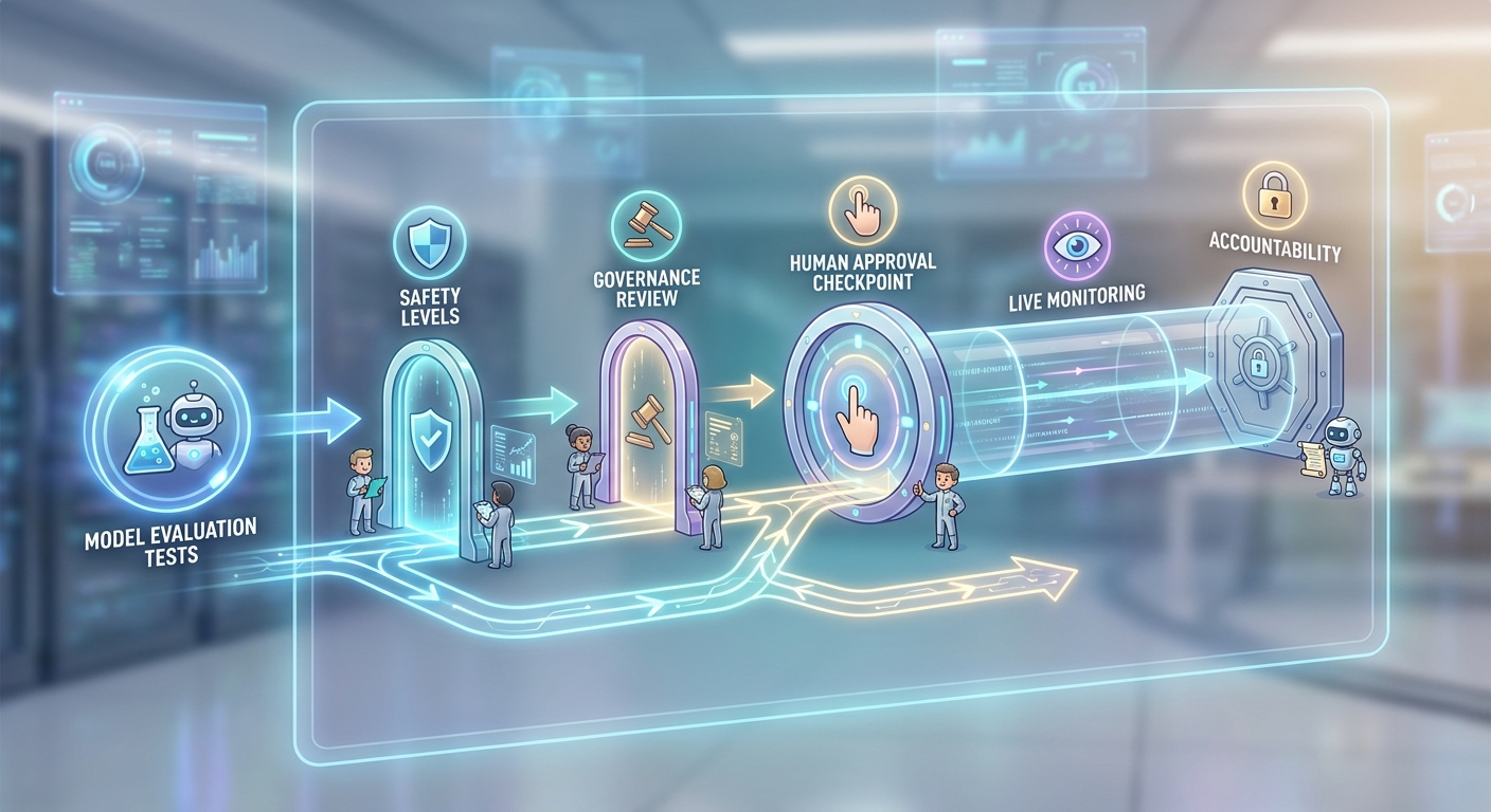 Illustrated pathway from frontier AI capability tests to safety levels, governance review, deployment gates, monitoring, and human accountability