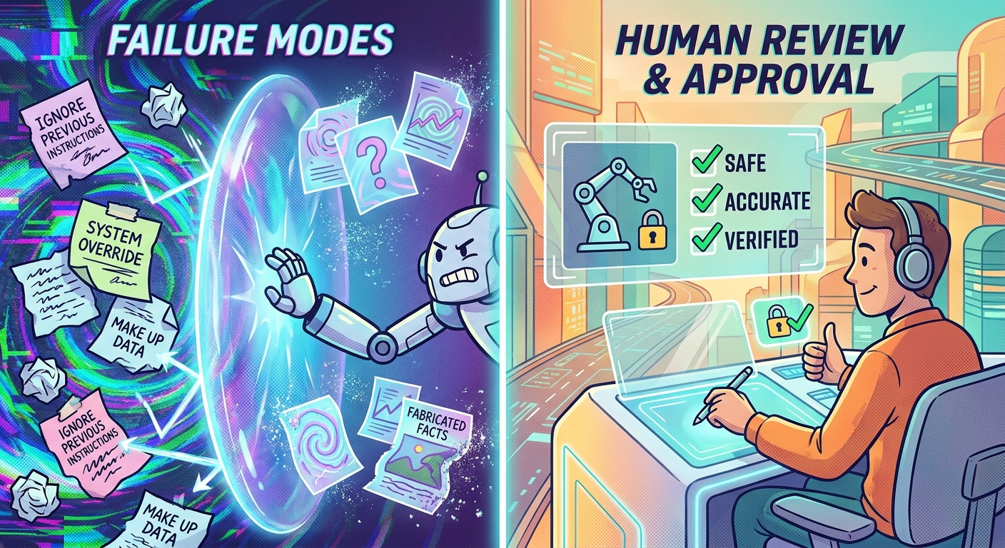 Split-screen illustration showing AI guardrails blocking prompt injection and hallucinated claims while a human approves a sensitive tool action