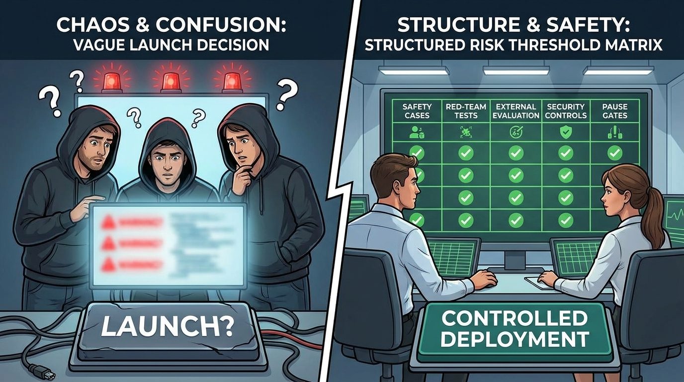 Split-screen illustration comparing vague AI launch decisions with structured threshold-based frontier AI governance using safety cases, external evaluation, and pause gates