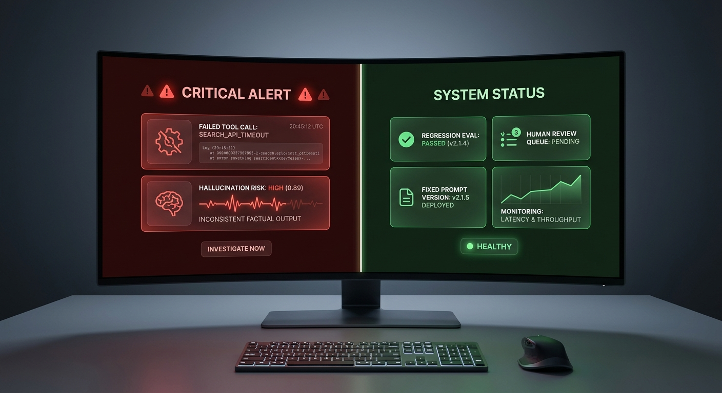 Production AI agent incident dashboard showing a failed tool call becoming a human review, regression eval, fixed prompt version, and green monitoring chart