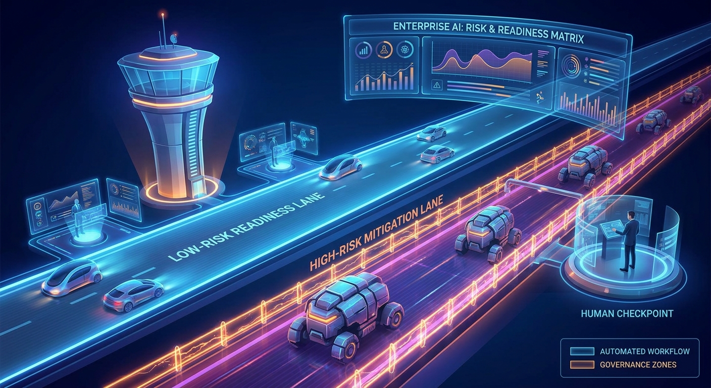 Futuristic control tower showing a readiness and risk matrix for enterprise AI agents with guardrails and human checkpoints