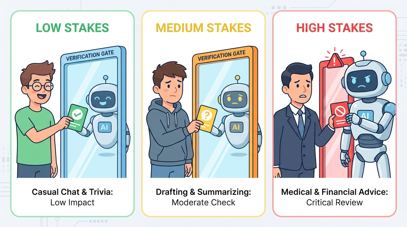 Split-screen risk matrix showing low, medium, and high stakes AI answers passing through a verification gate
