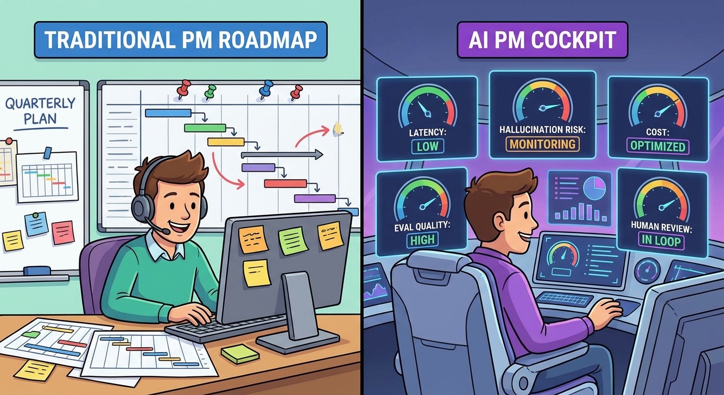 Split-screen visual comparing a traditional product manager roadmap with an AI product manager cockpit for latency, hallucination risk, cost, evaluations, and human review