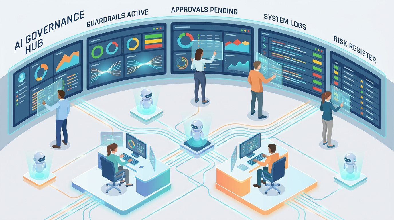 Isometric control room illustration showing human supervisors, AI agents, approvals, logs, risk controls, and monitoring for enterprise agentic AI governance
