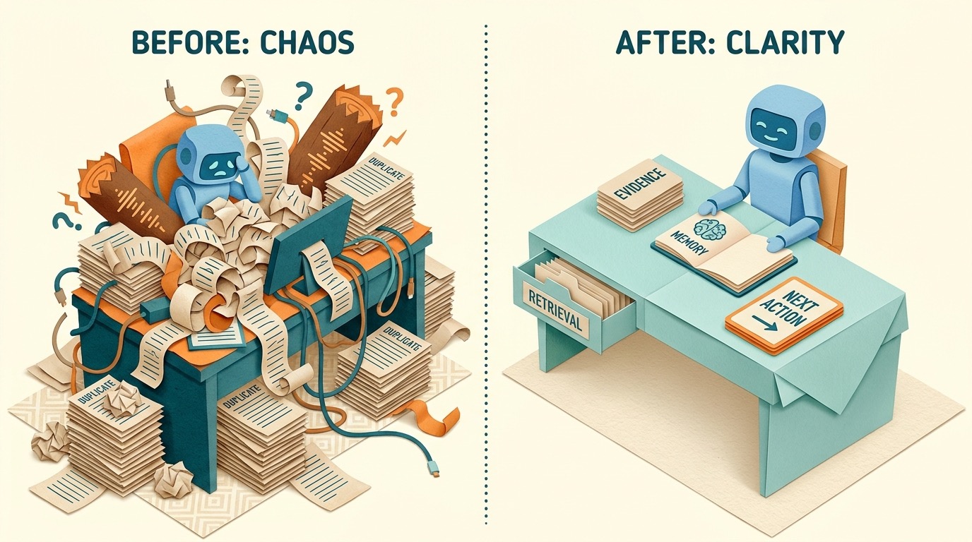 Split illustration comparing an overloaded AI agent context with a curated evidence-first context