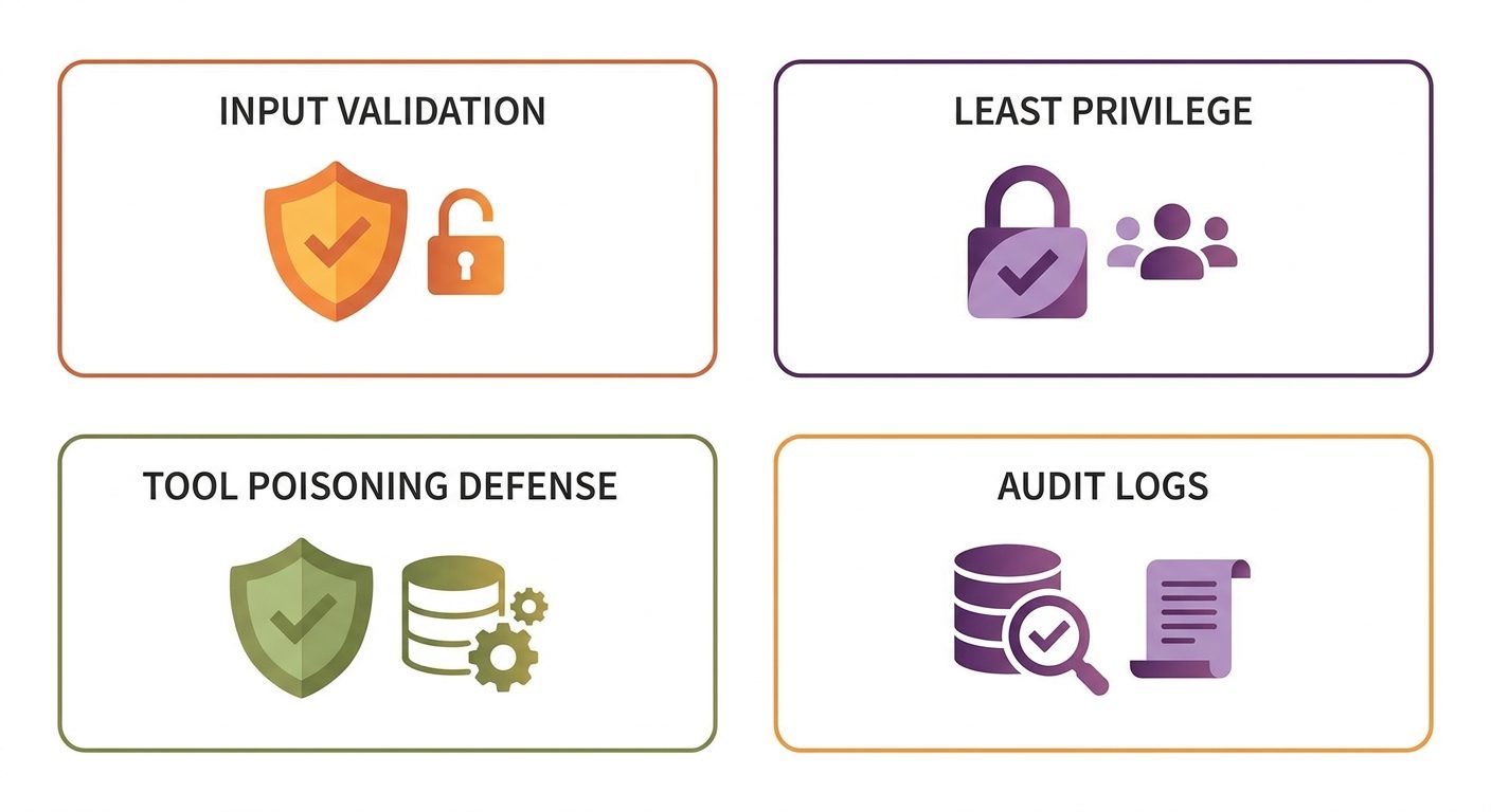 Security checklist for MCP server guardrails showing shield approval gate structured outputs and audit trail