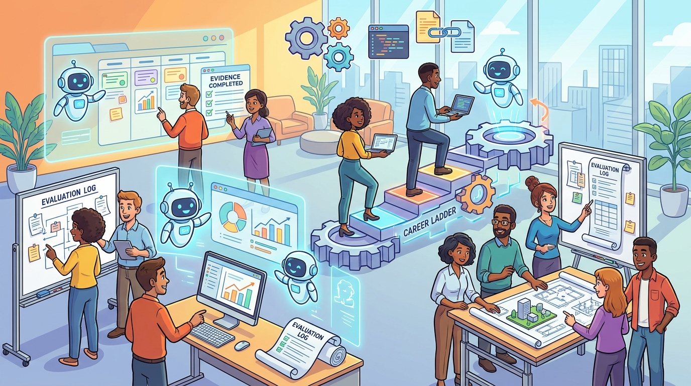 Cartoon-style professionals building AI portfolio projects with agents, workflow boards, evaluation logs, and career evidence
