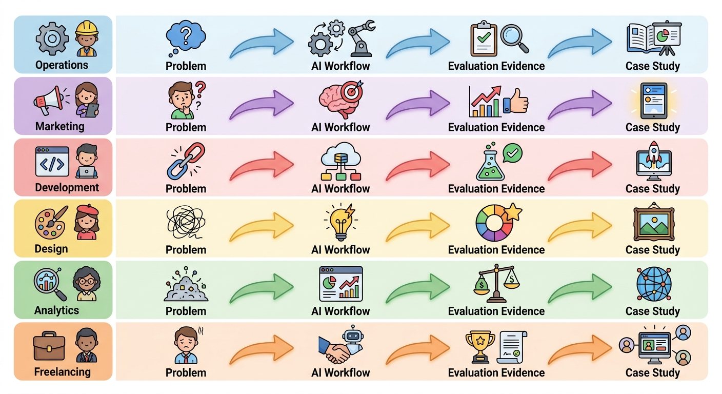 Diagram showing AI portfolio project lanes across operations, marketing, development, design, analytics, and freelancing
