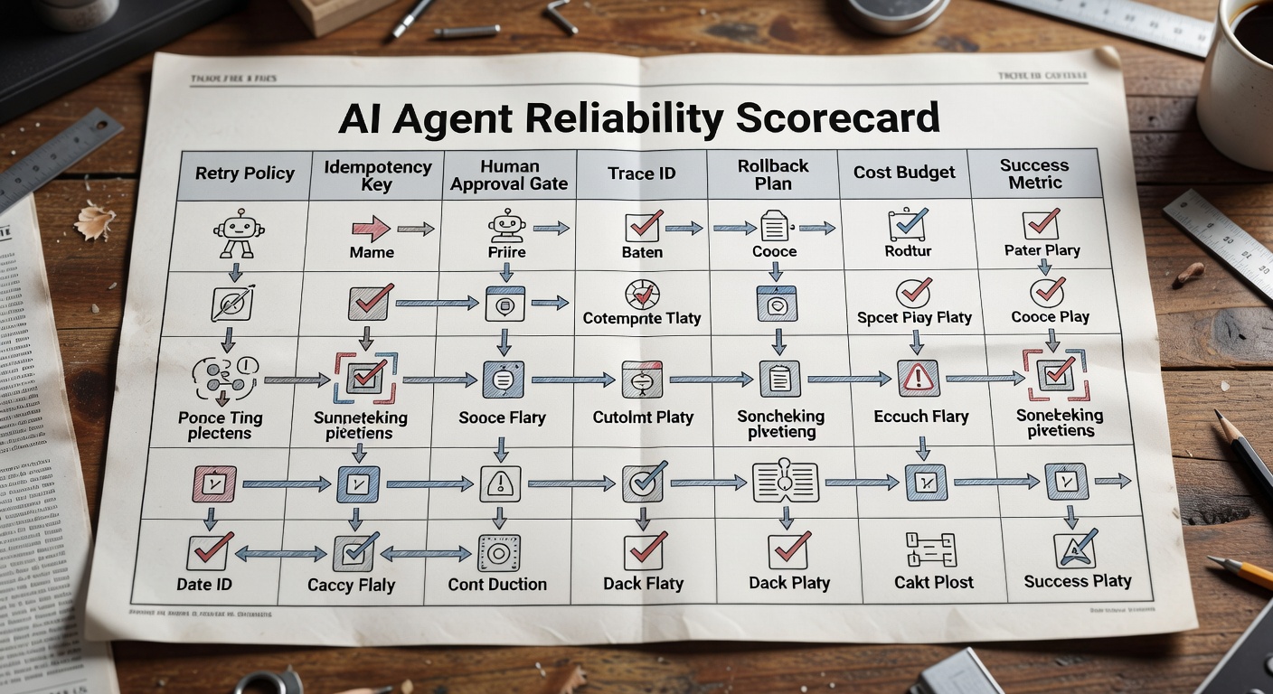 AI agent reliability scorecard with retry policy, approval gate, trace ID, rollback plan, cost budget, and success metric