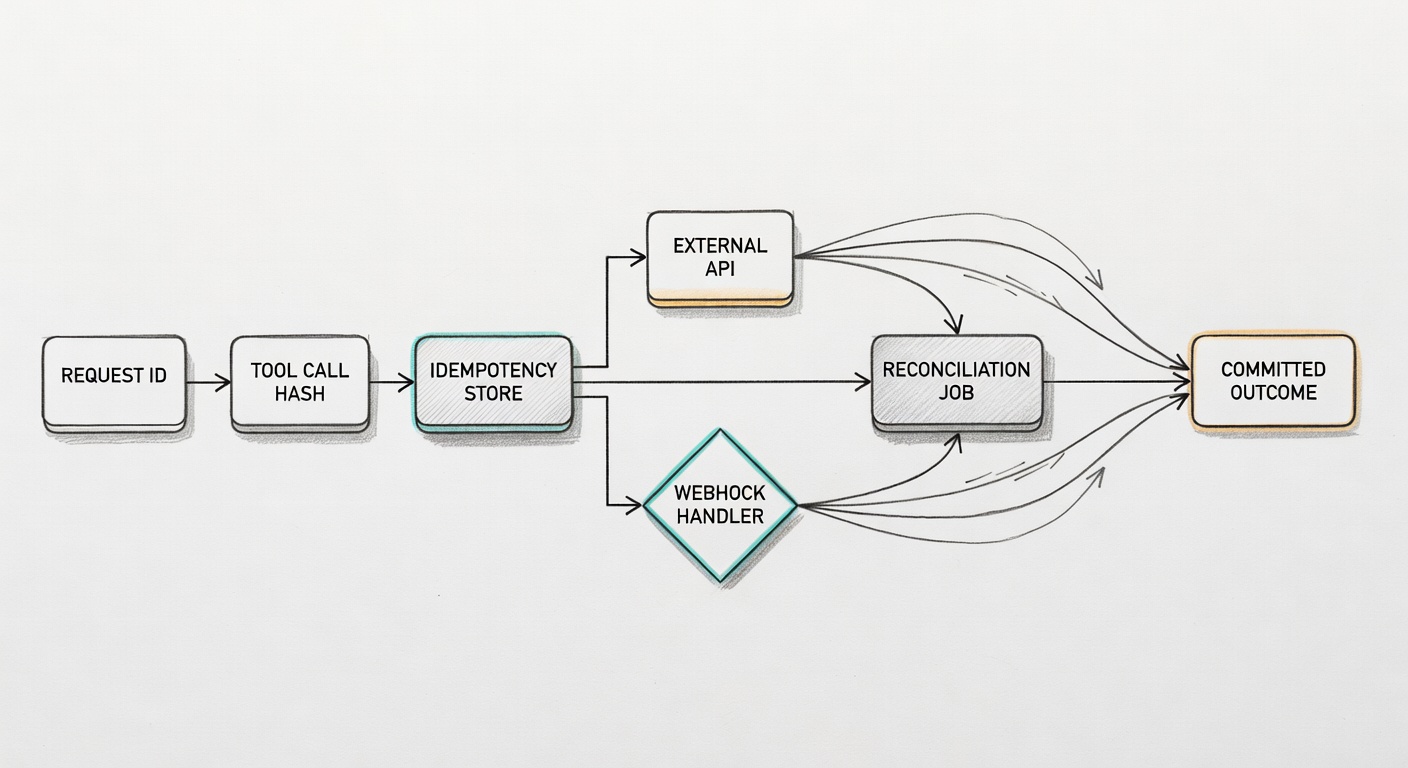 Pencil art workflow diagram showing request ID, tool call hash, idempotency store, external API, webhook handler, and reconciliation job