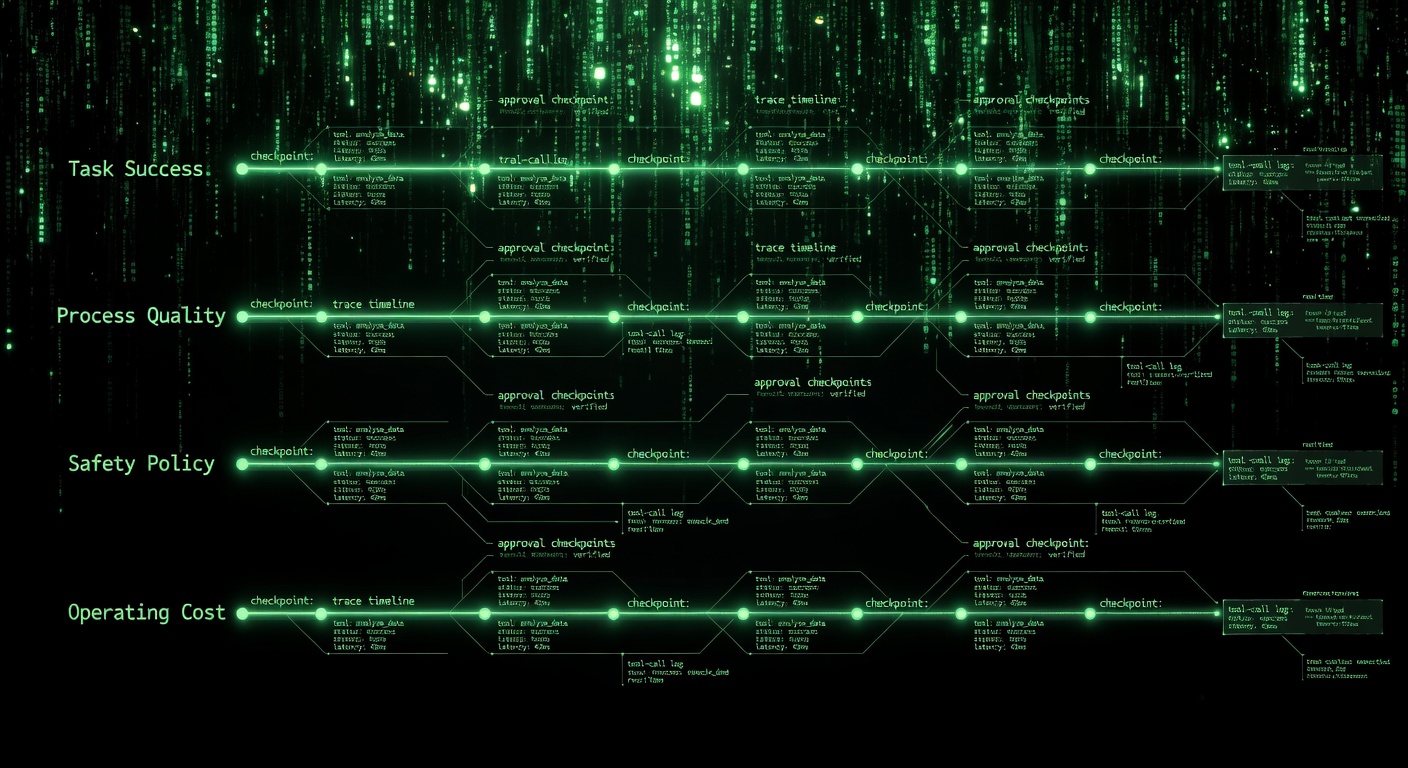 Matrix style infographic showing an AI agent evaluation scorecard for task success, process quality, safety policy, and operating cost