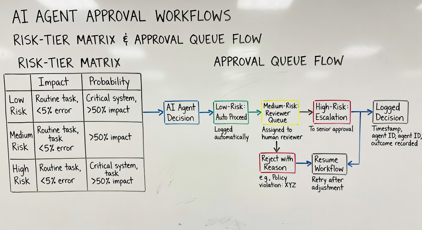 Hand-drawn AI agent approval workflow showing risk tiers, reviewer queues, escalation, rejection reasons, workflow resume, and logged decisions